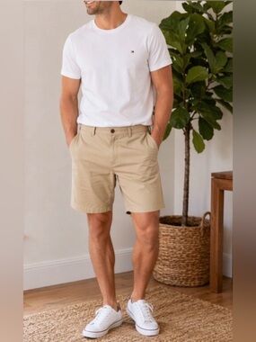 Tommy Hilfiger Khaki Shorts Men’s 34 Classic Flat Front Casual Chino Shorts